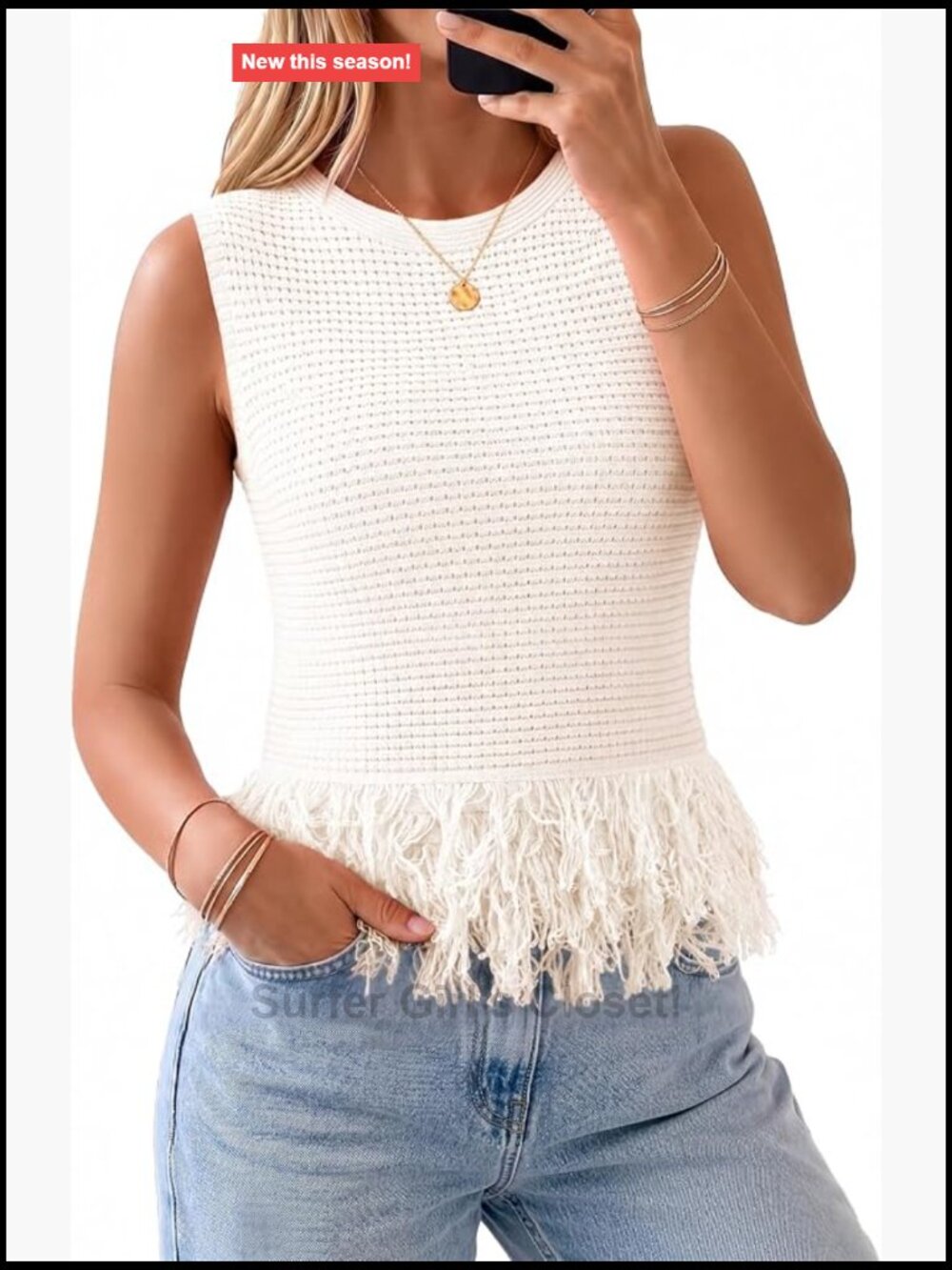 Sleeveless Crochet Pointelle Sweater Vest with Fringe Hem Boho Knit Tank Top